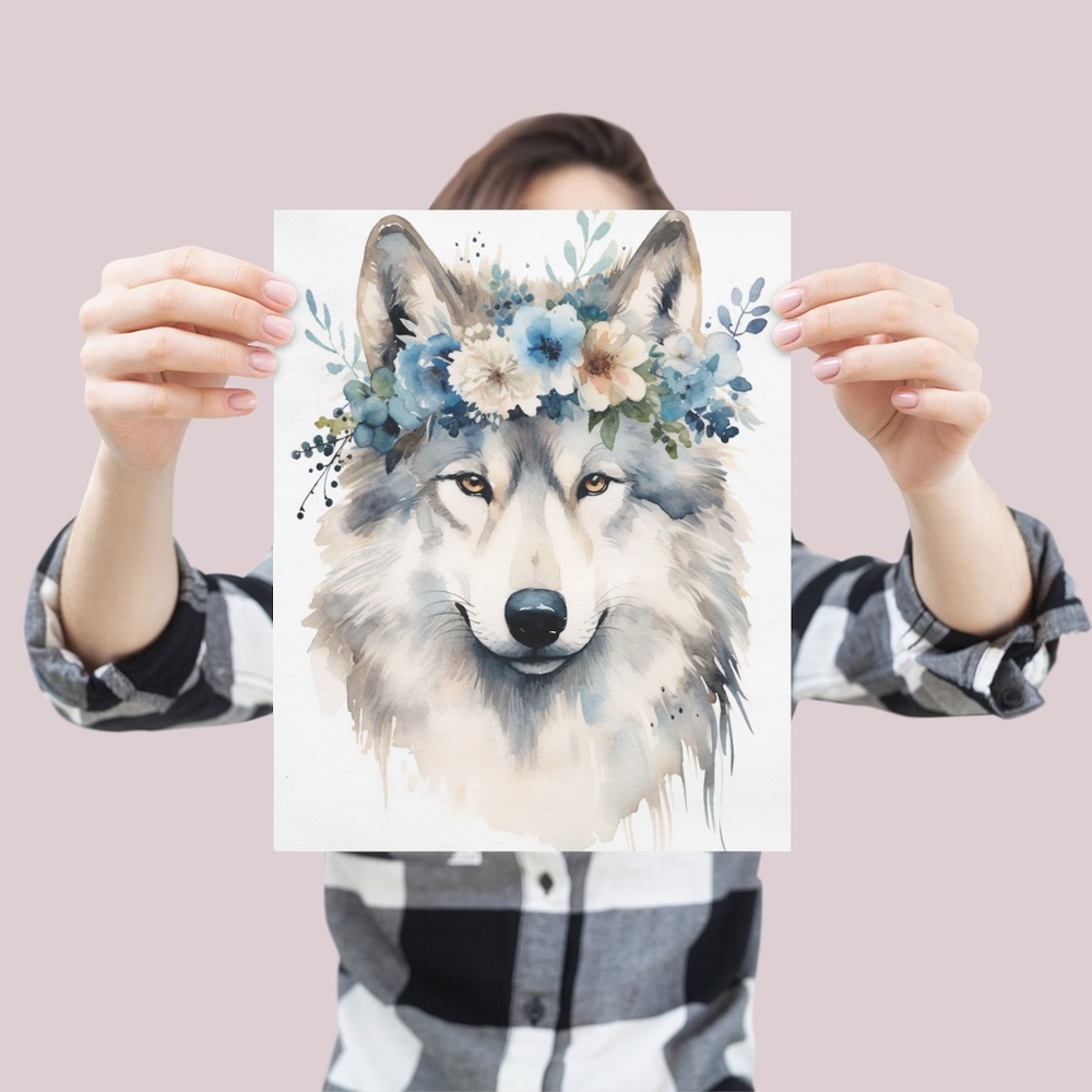 Watercolor Floral Wolf Portrait Wall Art Illustration Print Poster Unframed - Picture 4 of 7